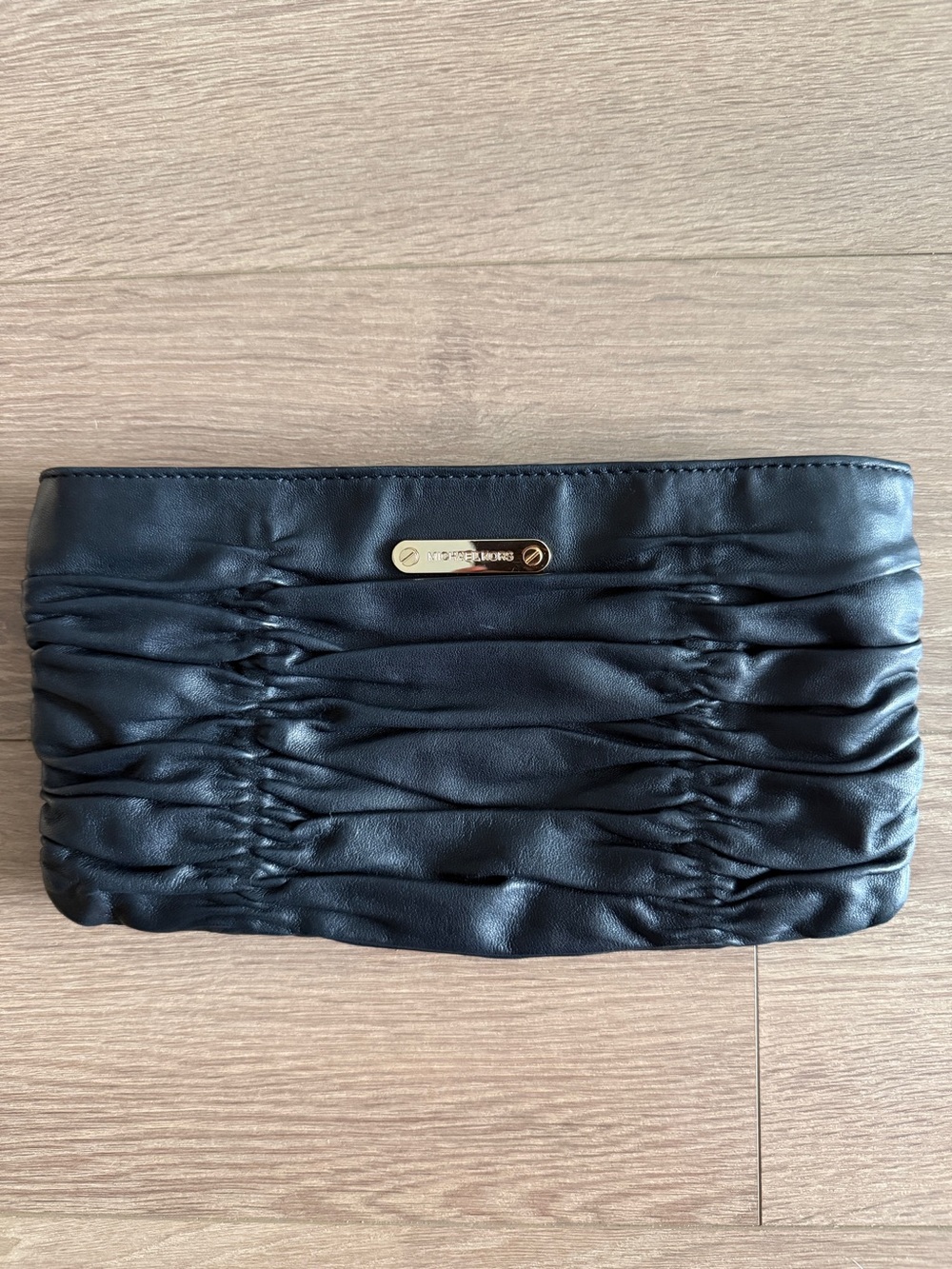 Michael Kors Black Gathered Leather Clutch with Gold Plaque